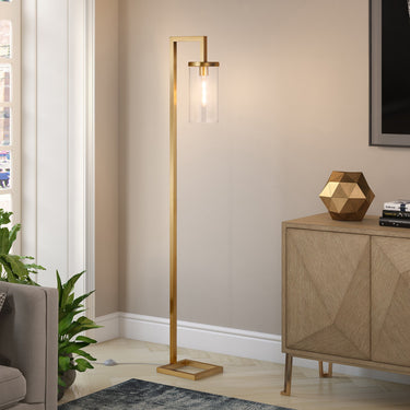 Brass Reading Floor Lamp With Clear Transparent Glass Drum Shade